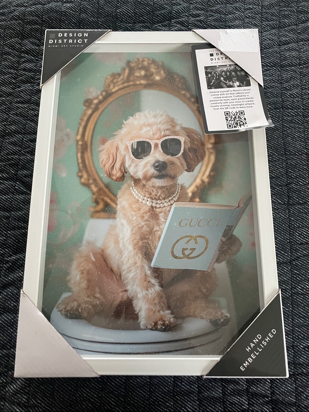 Design District White Framed Dog Art Print in Cream and Gold
